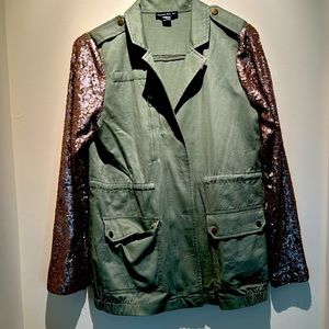Green cargo jacket with sequin sleeves